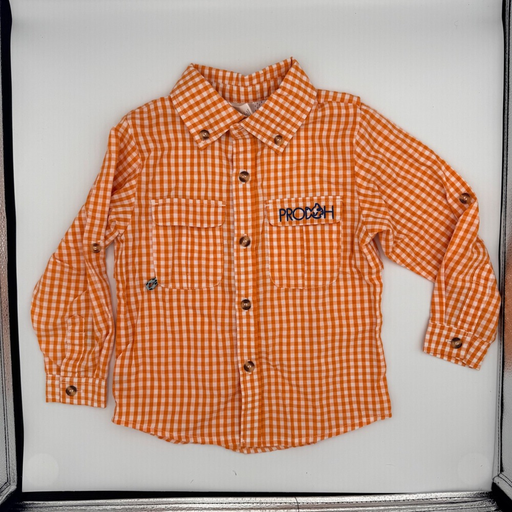 Prodoh Boys Orange Gingham Fishing Shirt Vented Back Mesh Lining 4T Long Sleeve
